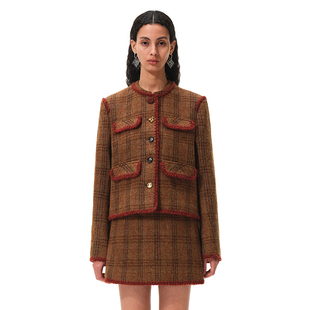 N·MORE设计师品牌 饰线箱型外套 果壳棕复古格纹手工装