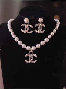 爆款双C两件套项链套装小香风仿珍珠项链配饰毛衣链时尚锁骨链