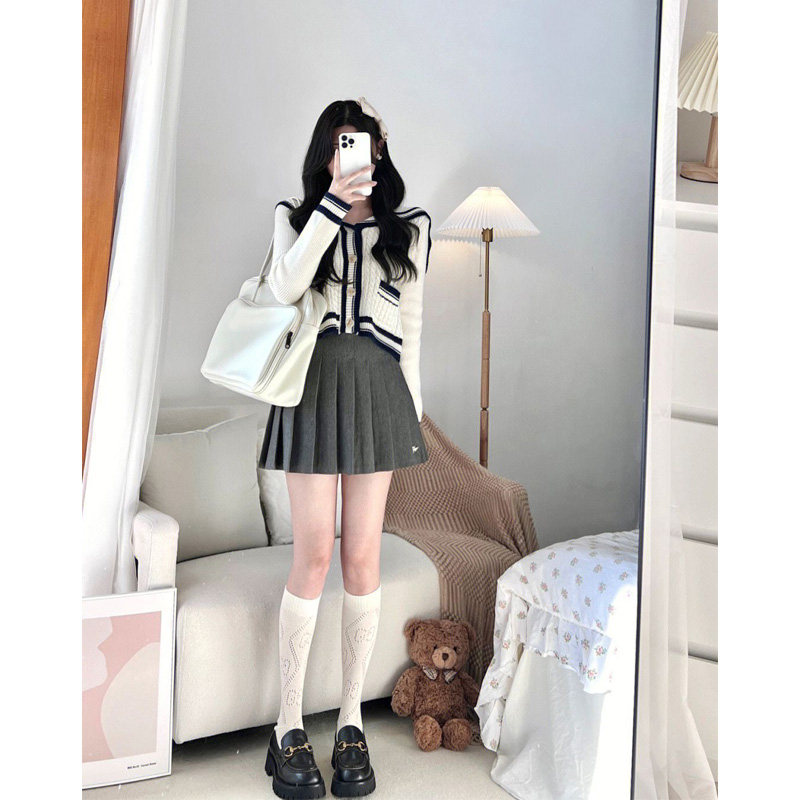 LITTLE FRAGRANCE WHITE KNITTED CARDIGAN WOMENS 2025 AUTUMN DRESS NEW RETRO NAVY STYLE LAPEL WEAR SHORT SWEATER JACKET