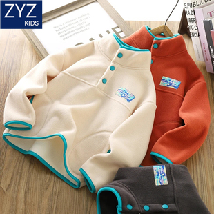 男童冬装加绒卫衣2025新款中大童儿童洋气拼接加厚立领防风保暖衣
