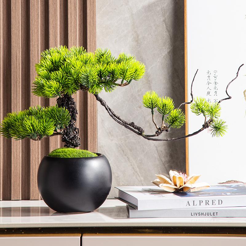 仿真迎客松摆件崖柏盆栽小植物客厅家居装饰品新中式假花松树盆景