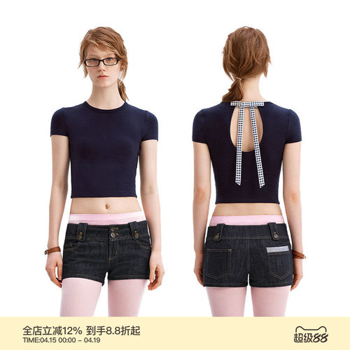 PUKI松弛感格纹蝴蝶结露背纯欲修身短款T恤 显瘦正肩美背设计上衣