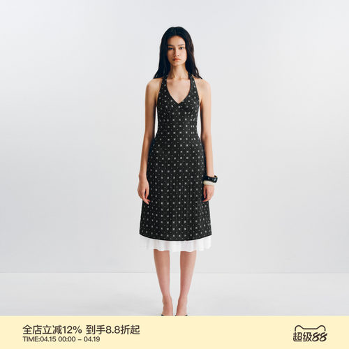PUKI 原创天丝V领提花拼接假两件撞色挂脖掐腰显瘦度假风连衣长裙