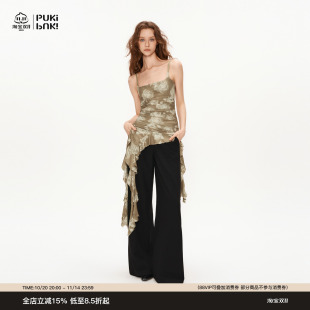 PUKI印花不规则荷叶边飘带下摆弹力修身 吊带上衣 显瘦外穿无袖