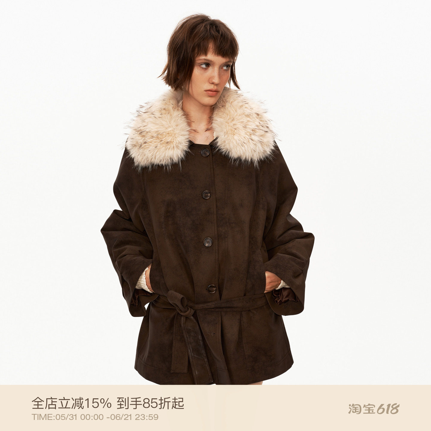 PUKI  经典毛领派克服 复古美拉德直筒中长款麂皮夹棉夹克皮衣