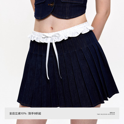 PUKI 双腰头拼接花边裙 美式复古学院风小众辣妹设计感百褶牛仔裙