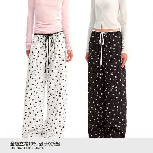 PUKI 原创中低腰波点花朵休闲裤 撞色腰头松弛感宽松轻薄阔腿长裤