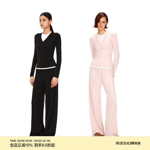 PUKI 假两件正肩V领上衣 经典松弛磨毛绒感直筒抽绳套装