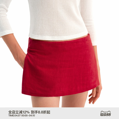PUKI “100%云感亚麻”正红色短裙 超柔肌理感mini裙裤_年度力荐