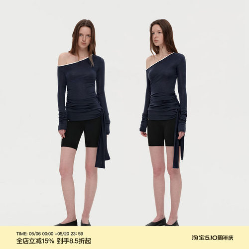 PUKI 进口美利奴羊毛莱塞尔 斜肩飘带修身褶皱显瘦上衣