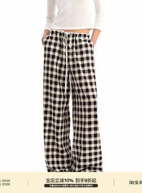 PUKI 中低腰格纹休闲裤 复古经典宽松舒适亲肤通勤百搭阔腿长裤