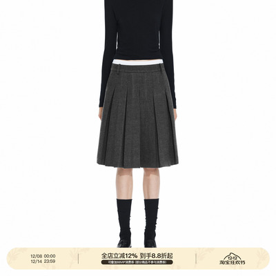 PUKI 知识分子 莫代尔复古撞色毛呢质感学院百搭半身百褶裙