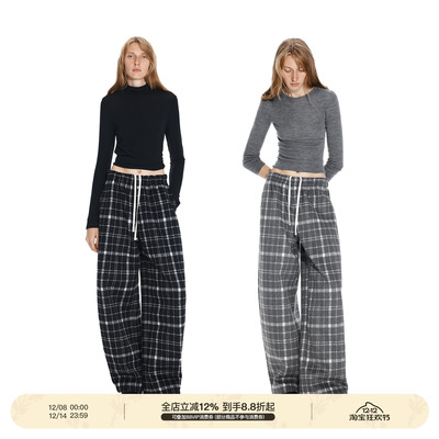PUKI 50%羊毛 原创复古廓形 两穿格纹撞色翻腰头慵懒感抽绳阔腿裤