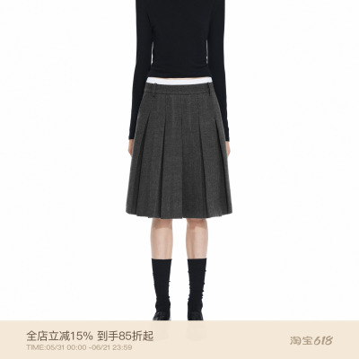 PUKI 知识分子 莫代尔复古撞色毛呢质感学院百搭半身百褶裙