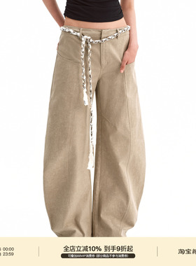 PUKI 原创复古纯棉设计感无腰头弯刀裤 休闲洗水工装裤*带腰带