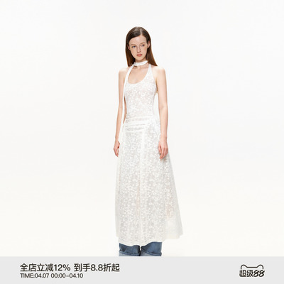 PUKI 微透提花连衣裙 美式辣妹无袖高级感度假风挂脖碎花叠穿长裙