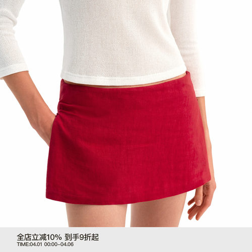 PUKI “100%云感亚麻”正红色短裙 超柔肌理感mini裙裤_年度力荐