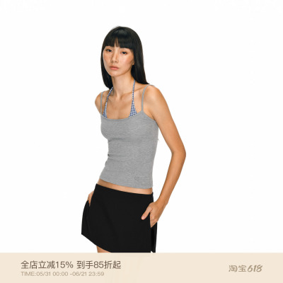 PUKI 原创比基尼格纹假两件 复古撞色叠穿挂脖修身吊带