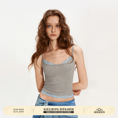 PUKI「蒜贝同款」原创假两件撞色叠穿蕾丝拼接吊带辣妹内搭上衣