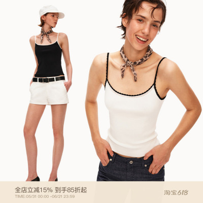 PUKI 撞色花边吊带 镂空修身显瘦百搭遮副乳背心上衣