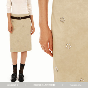 PUKI 花朵麂皮钉珠皮裙 经典H型中低腰开衩半身裙