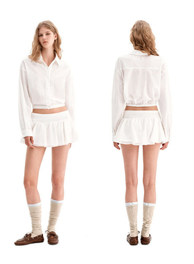 PUKI 莱赛尔亚麻 慵懒复古收腰白色衬衫短裙套装