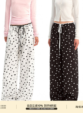 PUKI 原创中低腰波点花朵休闲裤 撞色腰头松弛感宽松轻薄阔腿长裤