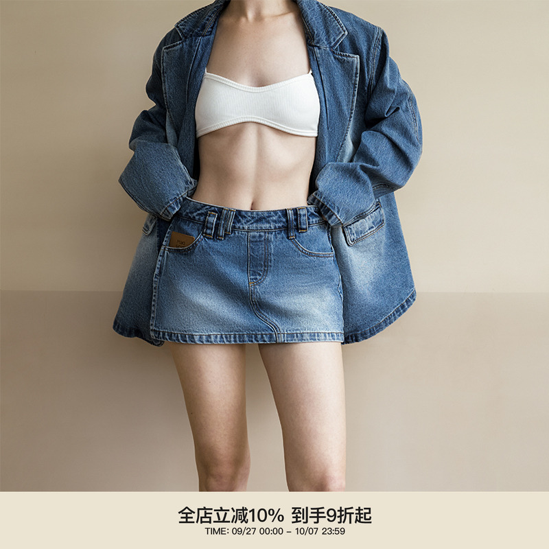 PUKI 牛仔半裙 美式复古裙裤水洗做旧通勤百搭春秋
