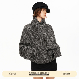 原创设计感围巾领斜襟秋冬短款 粗呢雪花纹 外套 35%羊毛 PUKI