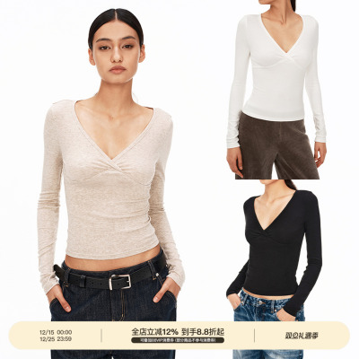 PUKI 秋冬闭眼入 天丝羊毛V领扭结打底衫 正肩修身显瘦百搭上衣