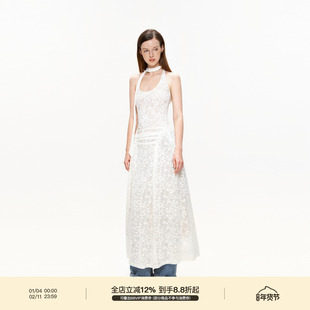 PUKI 微透提花连衣裙 美式辣妹无袖高级感度假风挂脖碎花叠穿长裙