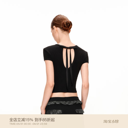 PUKI松弛感蝴蝶结露背纯欲圆领修身短款T恤 显瘦正肩美背设计上衣