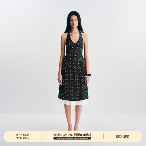 PUKI 原创天丝V领提花拼接假两件撞色挂脖掐腰显瘦度假风连衣长裙