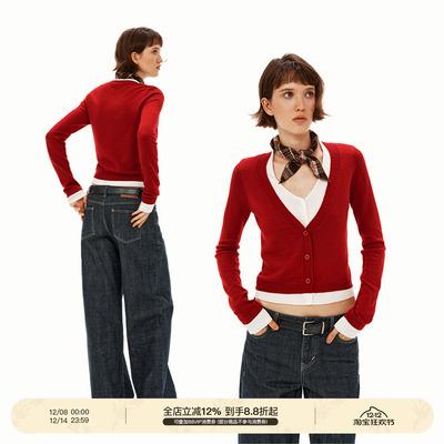 PUKI 假两件羊毛开衫 撞色V领叠穿层次感修身上衣