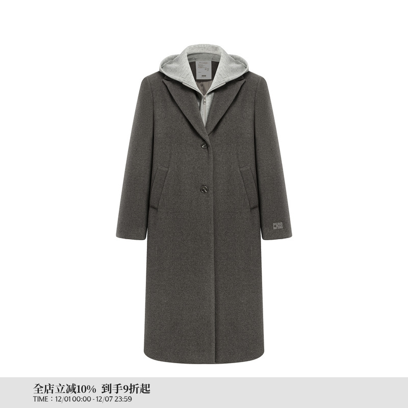 PUKI可拆卸复古连帽美式长大衣