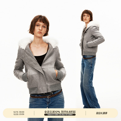 PUKI 60%羊毛 斜襟毛领卫衣外套 原创撞色波点修身短款连帽外套