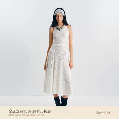 PUKI 「yigenana同款」微透提花连衣裙 无袖挂脖显瘦褶皱裙摆长裙