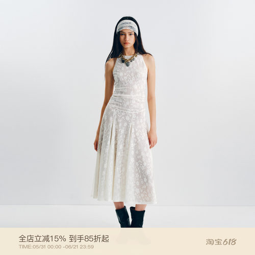 PUKI 「yigenana同款」微透提花连衣裙 无袖挂脖显瘦褶皱裙摆长裙