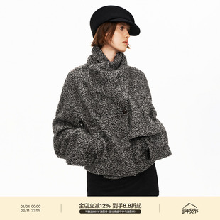 PUKI 35%羊毛 粗呢雪花纹 原创设计感围巾领斜襟秋冬短款外套