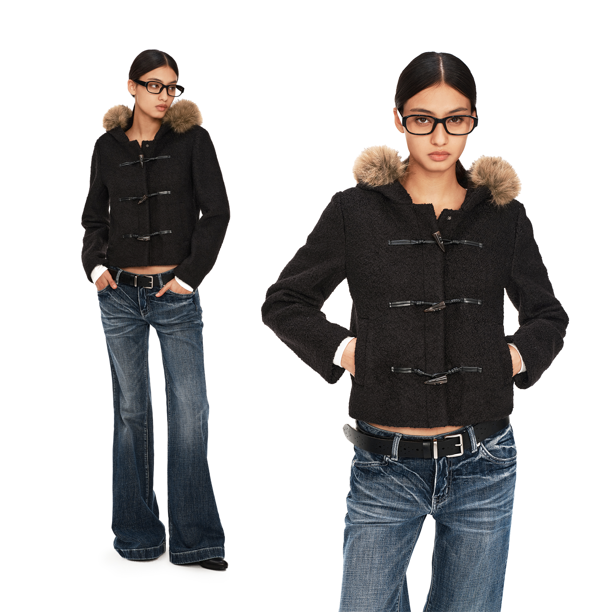 PUKI 600G重磅50%羊毛牛角扣肌理粗呢大衣 修身短款连帽毛领外套