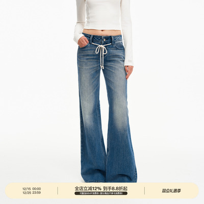 PUKI 中低腰立体猫须水洗合身微喇休闲牛仔裤