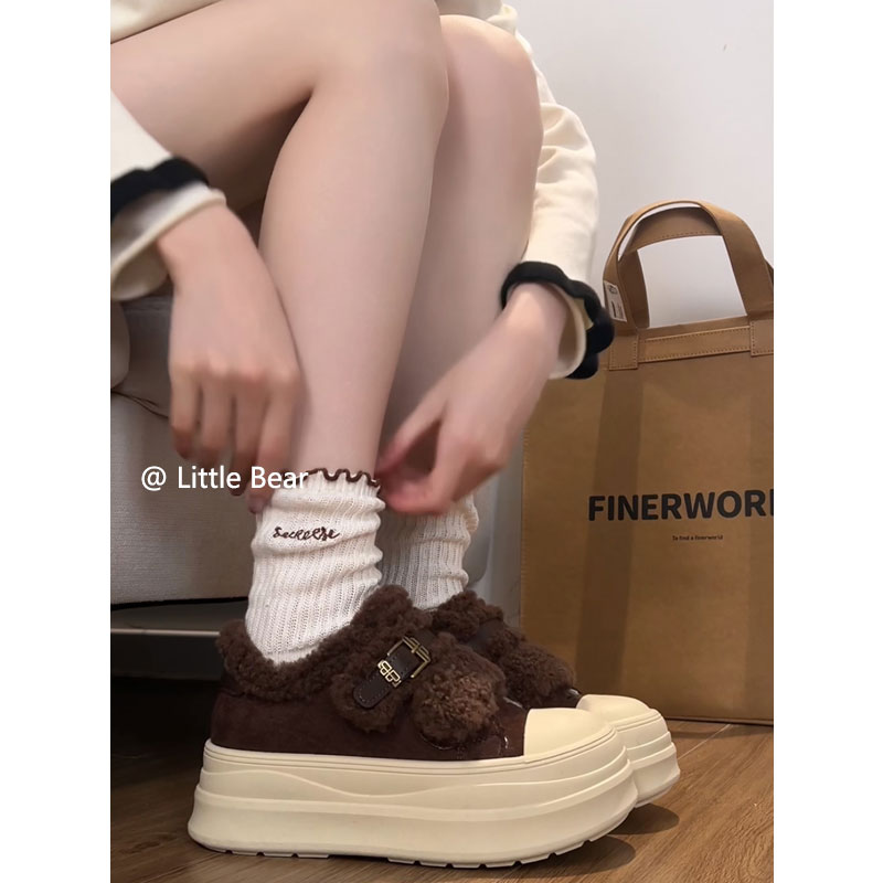 小熊出走加绒毛毛板鞋韩系魔术贴