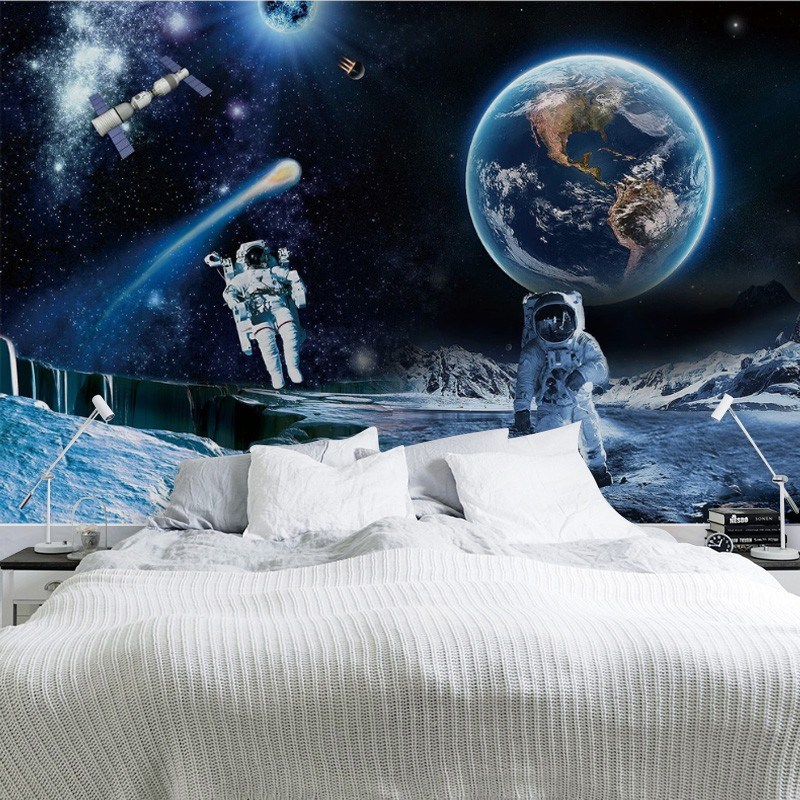 3d立体太空宇航员星空星球墙纸壁画儿童房科幻主题装饰墙布壁纸