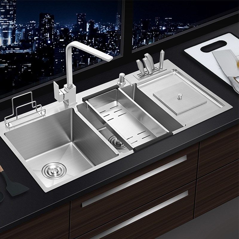 代发加厚多功能sus304不锈钢水槽三槽带垃圾桶刀架厨房洗菜盆套餐