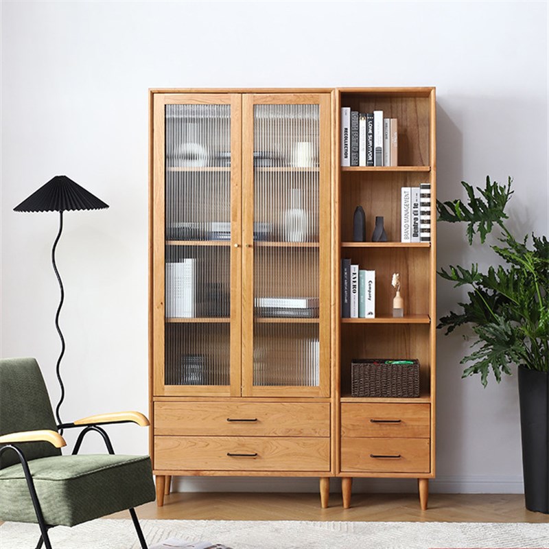 实木书柜组合北欧简约落地橡木书架带玻璃门家用樱桃木靠墙储物柜