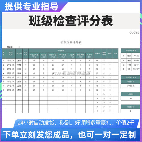 原创设计精品班级检查评分表EXCEL表格WPS系统