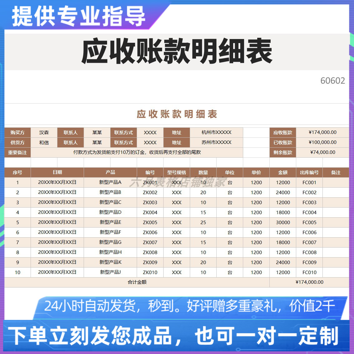 原创设计精品应收账款明细表excel表格定制