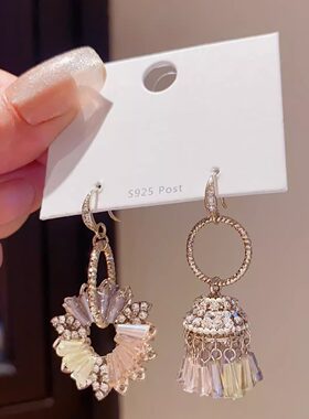 复古民族风不对称水晶流苏耳环女