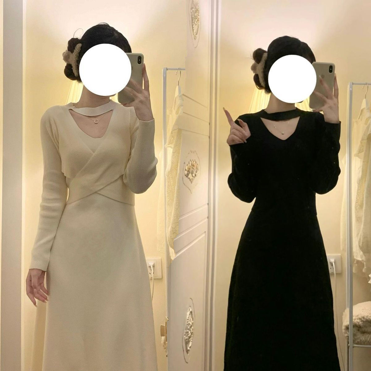 秋冬新款配大衣的内搭针织连衣裙女纯欲风高级感修身打底毛衣长裙