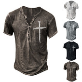 休闲2026春夏新款 印花宽松打底衫 亨利V领短袖 时尚 T恤男士 潮牌美式